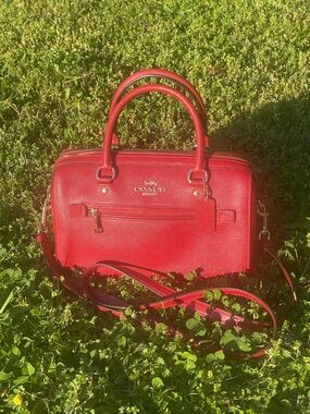 Coach Red Leather Rowan Satchel with Top Handles and Crossbody Strap